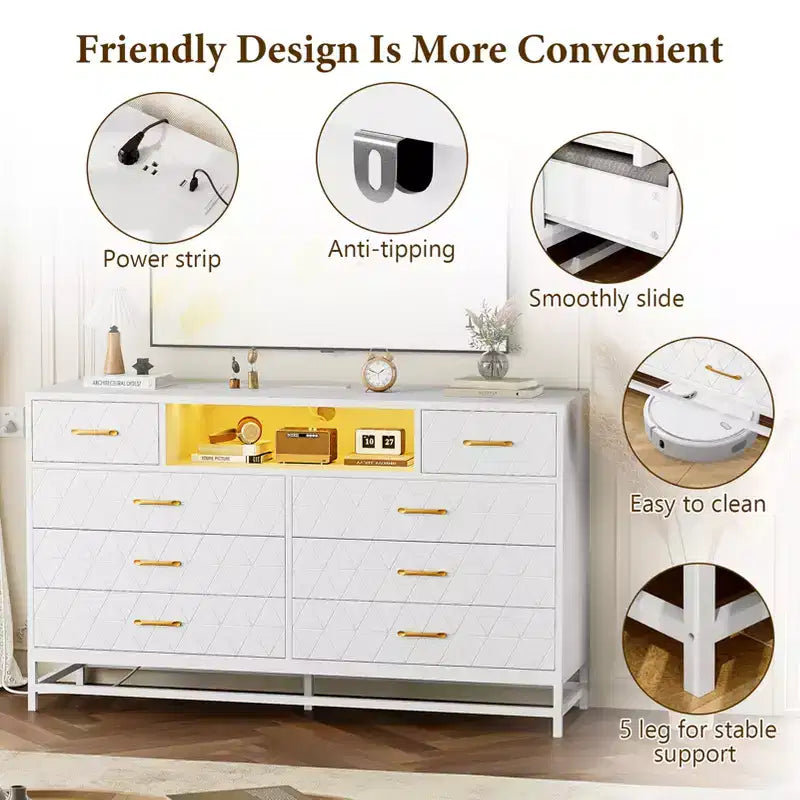 Meuble de rangement, commode en bois à cinq tiroirs servant également de meuble TV de 55 pouces avec éclairage LED, adapté aux salons et couloirs.