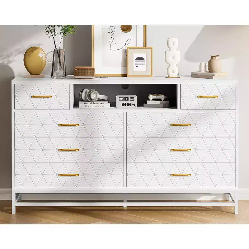 Meuble de rangement, commode en bois à cinq tiroirs servant également de meuble TV de 55 pouces avec éclairage LED, adapté aux salons et couloirs.
