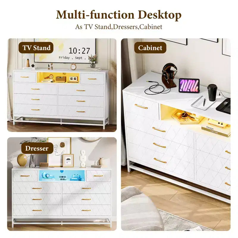 Meuble de rangement, commode en bois à cinq tiroirs servant également de meuble TV de 55 pouces avec éclairage LED, adapté aux salons et couloirs.