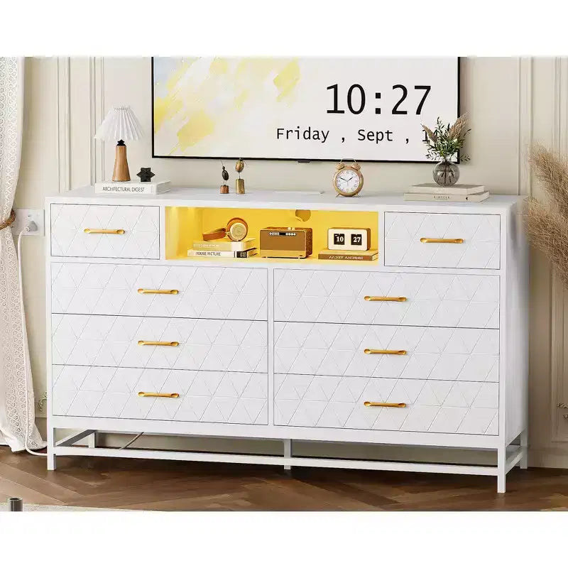 Meuble de rangement, commode en bois à cinq tiroirs servant également de meuble TV de 55 pouces avec éclairage LED, adapté aux salons et couloirs.