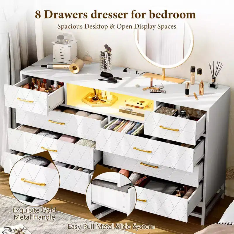 Meuble de rangement, commode en bois à cinq tiroirs servant également de meuble TV de 55 pouces avec éclairage LED, adapté aux salons et couloirs.