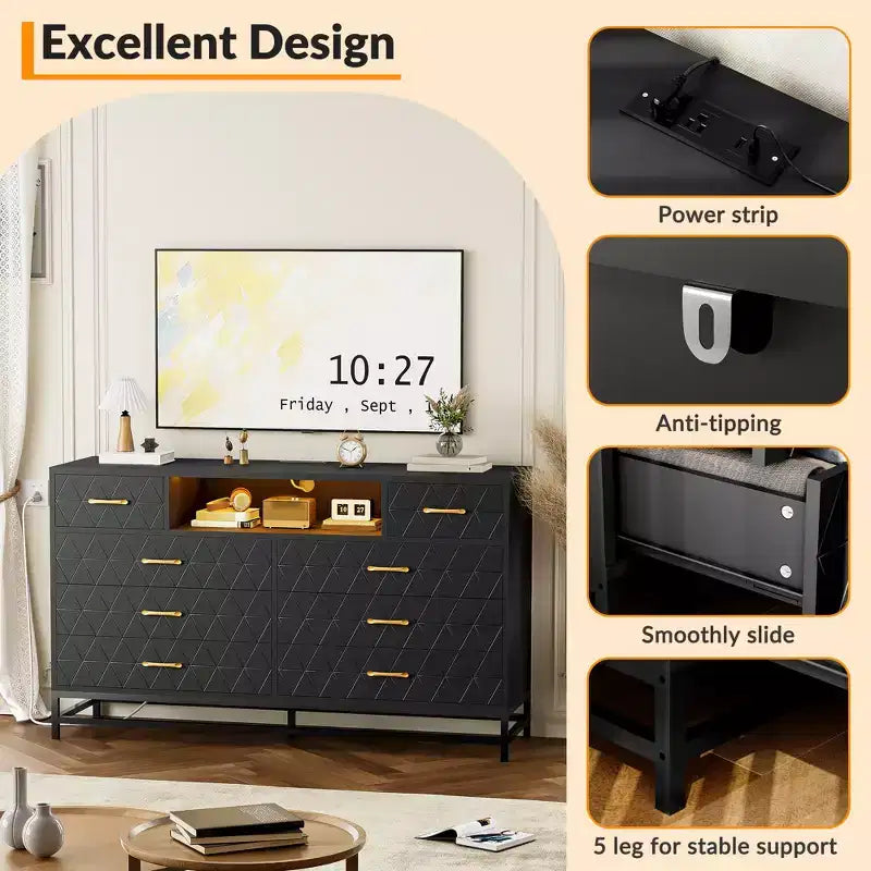 Meuble de rangement, commode en bois à cinq tiroirs servant également de meuble TV de 55 pouces avec éclairage LED, adapté aux salons et couloirs.