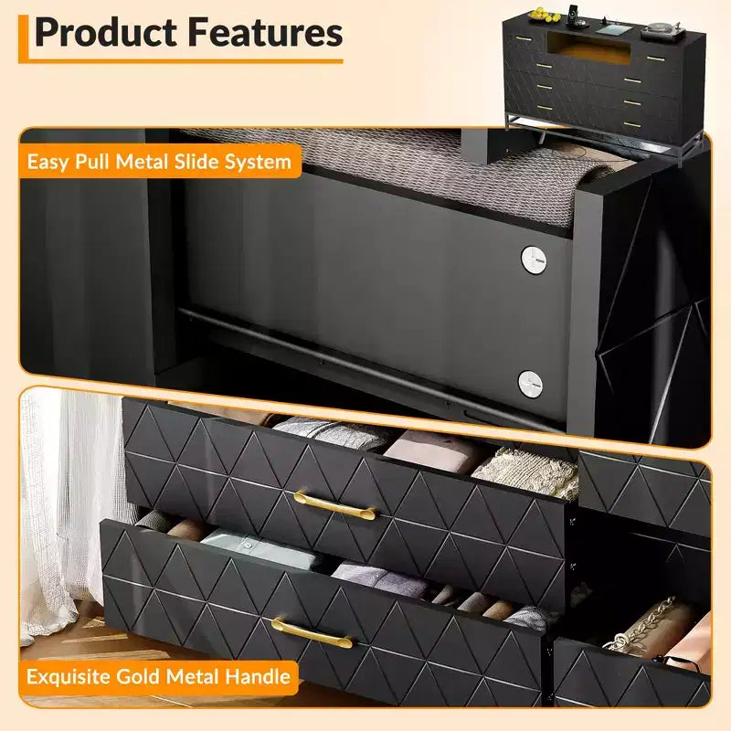 Meuble de rangement, commode en bois à cinq tiroirs servant également de meuble TV de 55 pouces avec éclairage LED, adapté aux salons et couloirs.