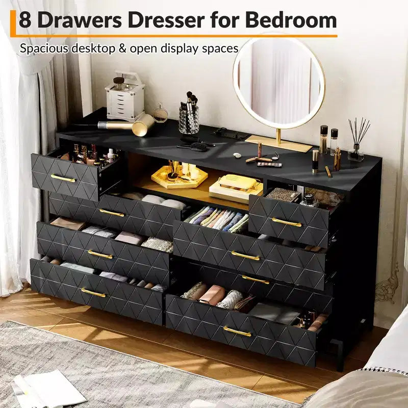 Meuble de rangement, commode en bois à cinq tiroirs servant également de meuble TV de 55 pouces avec éclairage LED, adapté aux salons et couloirs.