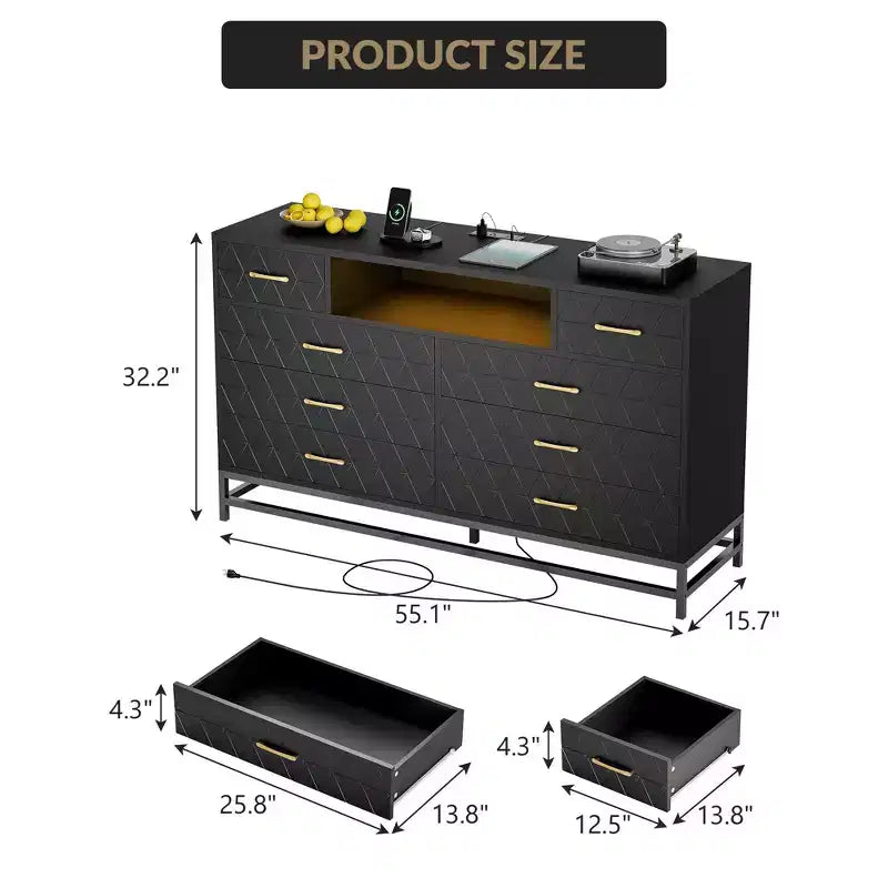 Meuble de rangement, commode en bois à cinq tiroirs servant également de meuble TV de 55 pouces avec éclairage LED, adapté aux salons et couloirs.