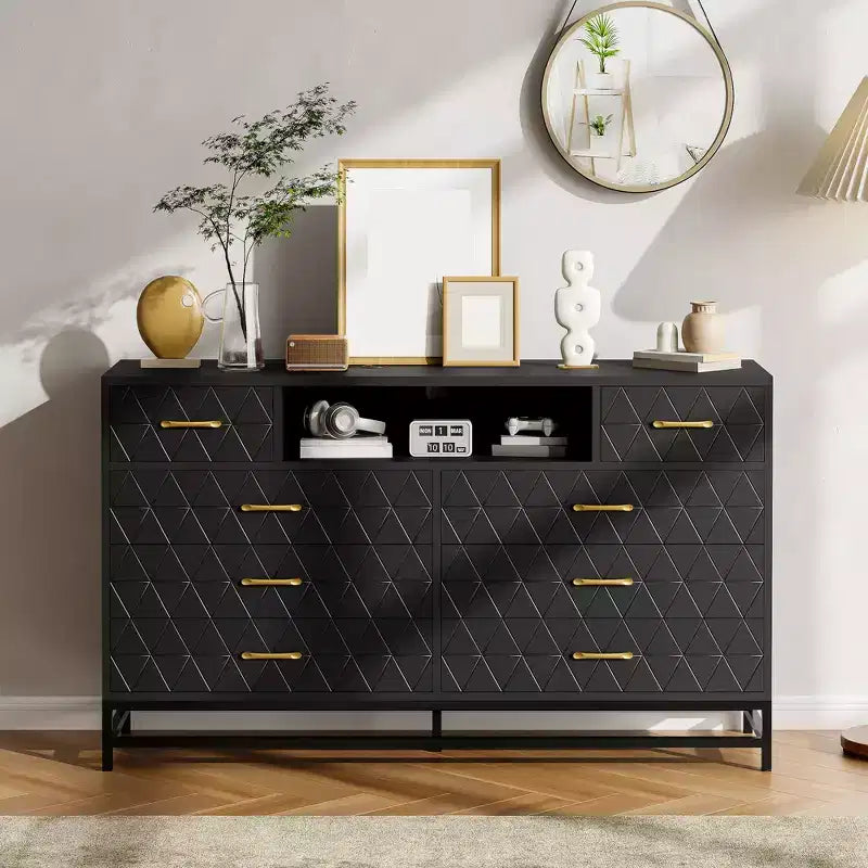 Meuble de rangement, commode en bois à cinq tiroirs servant également de meuble TV de 55 pouces avec éclairage LED, adapté aux salons et couloirs.
