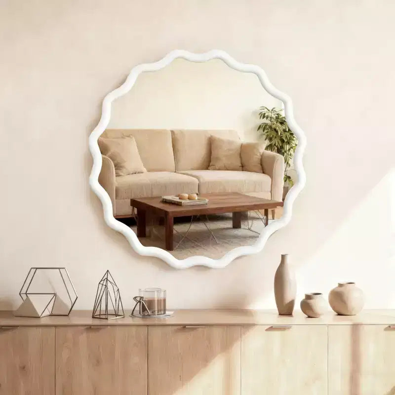 PexFix 30 Wavy Round Solid Wood Frame Decorative Mirror Modern Farmhouse Wall Mirror For Bedroom Bathroom Living Room Entryway White