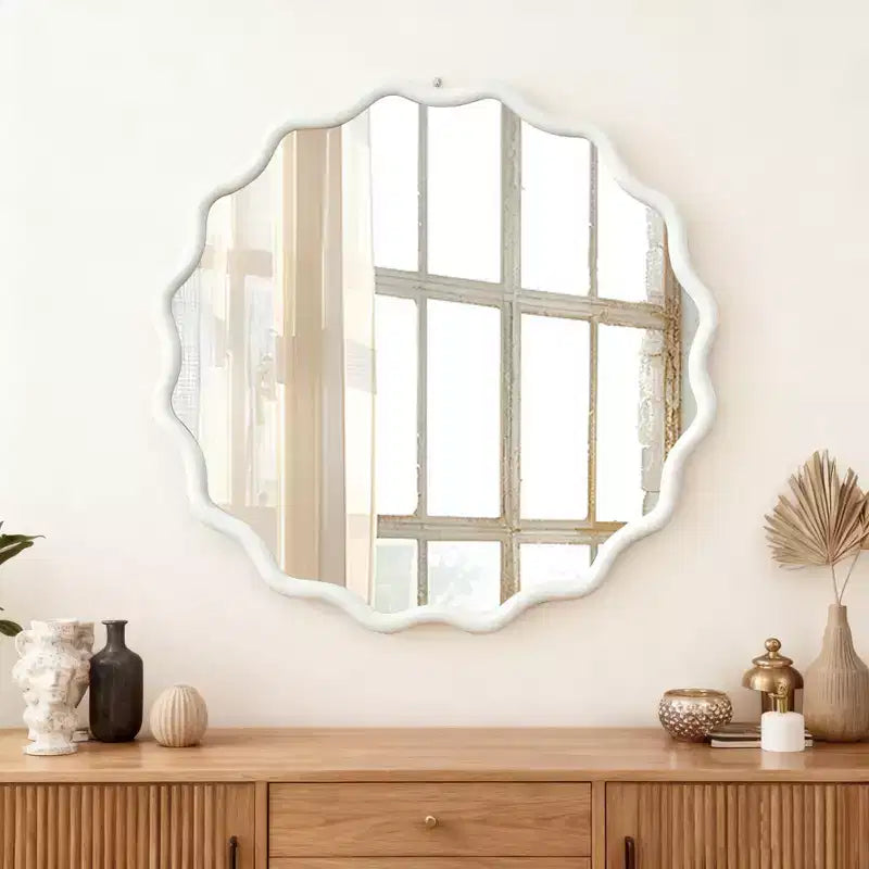 PexFix 30 Miroir décoratif mural en bois massif ondulé rond, style ferme moderne, pour chambre à coucher, salle de bain, salon, entrée, blanc