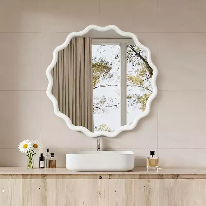 PexFix 30 Miroir décoratif mural en bois massif ondulé rond, style ferme moderne, pour chambre à coucher, salle de bain, salon, entrée, blanc