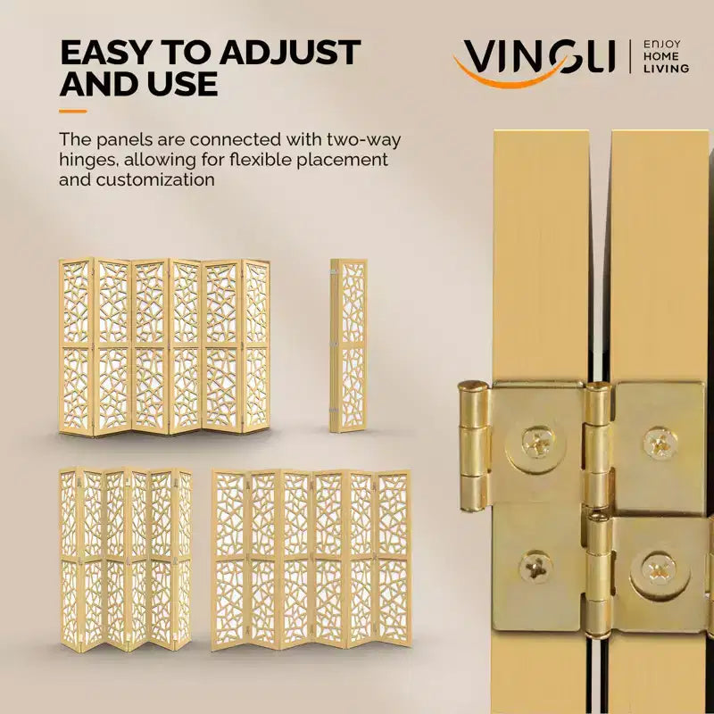 VINGLI Paravent 6 Panneaux, Séparateur de Pièce en Tissu Non Tissé, Cloison Intérieure, Séparateur d'Espace Autoportant avec Motif Unique (Or)