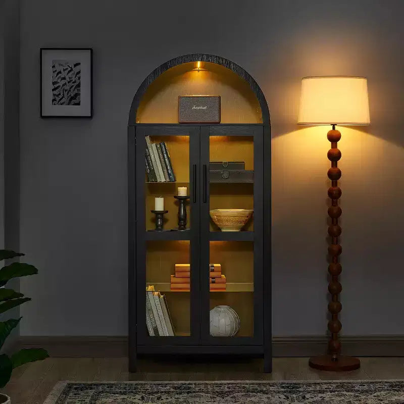 JVNOXK-A armoire de rangement haute avec lampe, une armoire de rangement en bois de style rétro moderne avec étagères en verre réglables, -Noir