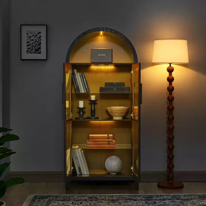 JVNOXK-A armoire de rangement haute avec lampe, une armoire de rangement en bois de style rétro moderne avec étagères en verre réglables, -Noir
