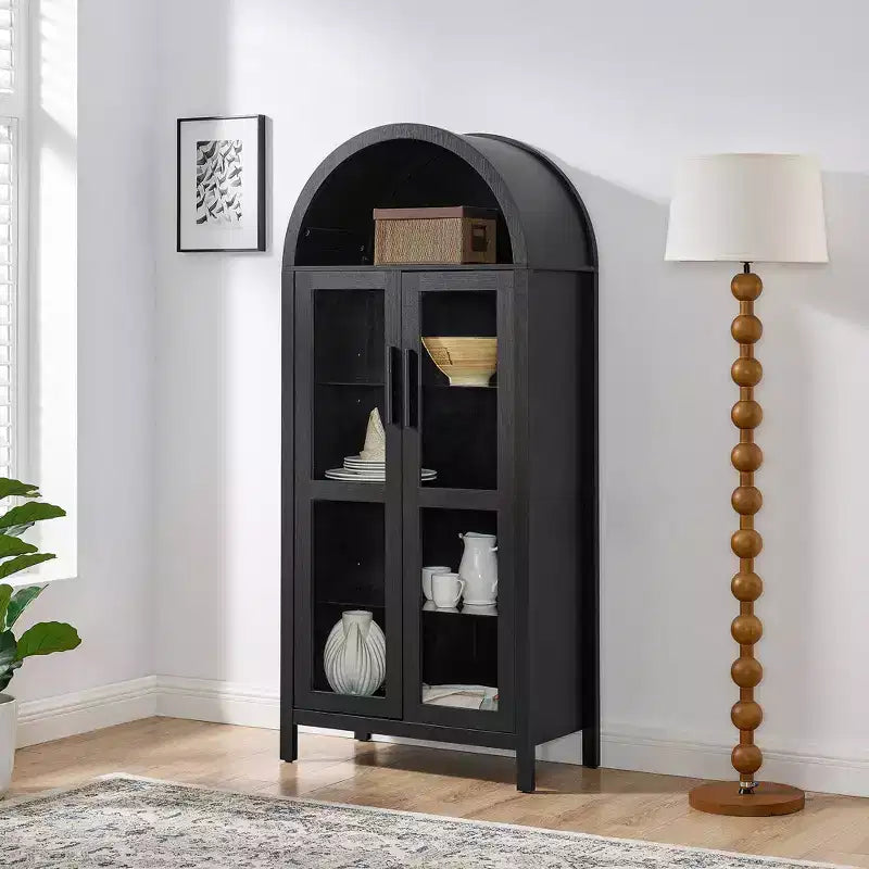 JVNOXK-A armoire de rangement haute avec lampe, une armoire de rangement en bois de style rétro moderne avec étagères en verre réglables, -Noir