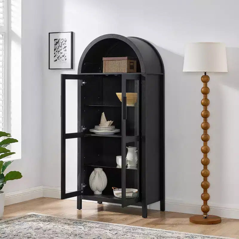 JVNOXK-A armoire de rangement haute avec lampe, une armoire de rangement en bois de style rétro moderne avec étagères en verre réglables, -Noir