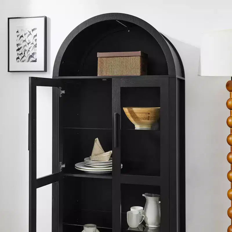 JVNOXK-A armoire de rangement haute avec lampe, une armoire de rangement en bois de style rétro moderne avec étagères en verre réglables, -Noir