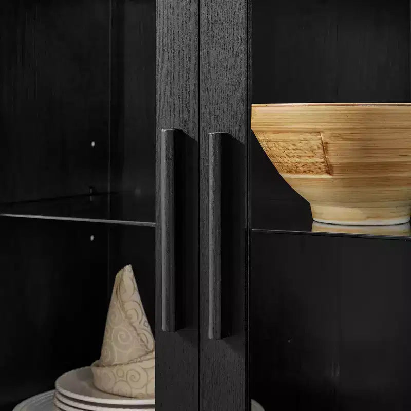 JVNOXK-A armoire de rangement haute avec lampe, une armoire de rangement en bois de style rétro moderne avec étagères en verre réglables, -Noir
