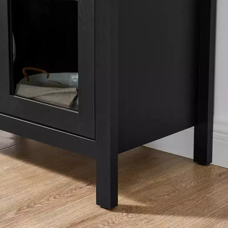 JVNOXK-A armoire de rangement haute avec lampe, une armoire de rangement en bois de style rétro moderne avec étagères en verre réglables, -Noir