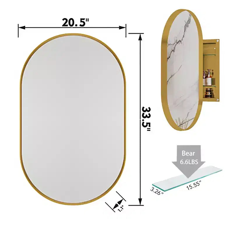 Armoire encastrée ovale 20x34 pouces, armoire murale de salle de bain à cadre métallique avec miroir et étagères réglables, miroir mural avec rangement pour salle de bain