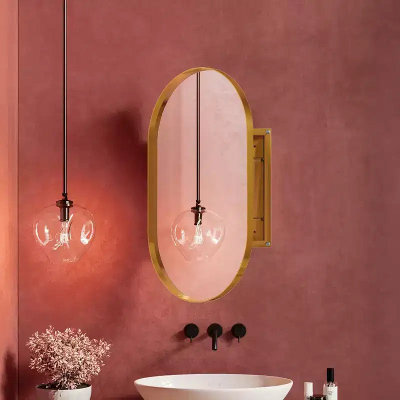 Armoire encastrée ovale 20x34 pouces, armoire murale de salle de bain à cadre métallique avec miroir et étagères réglables, miroir mural avec rangement pour salle de bain