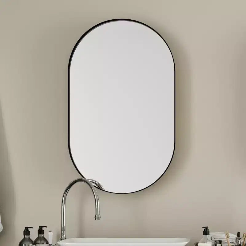 Armoire encastrée ovale 20x34 pouces, armoire murale de salle de bain à cadre métallique avec miroir et étagères réglables, miroir mural avec rangement pour salle de bain