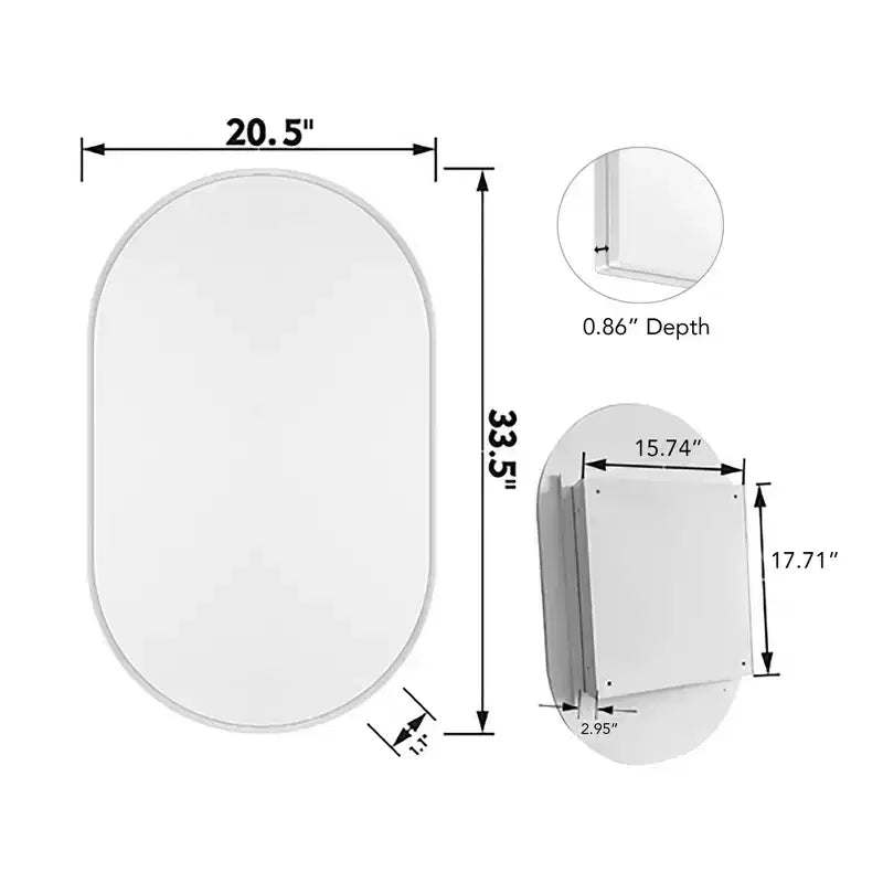 Armoire encastrée ovale 20x34 pouces, armoire murale de salle de bain à cadre métallique avec miroir et étagères réglables, miroir mural avec rangement pour salle de bain