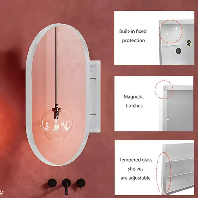 Armoire encastrée ovale 20x34 pouces, armoire murale de salle de bain à cadre métallique avec miroir et étagères réglables, miroir mural avec rangement pour salle de bain