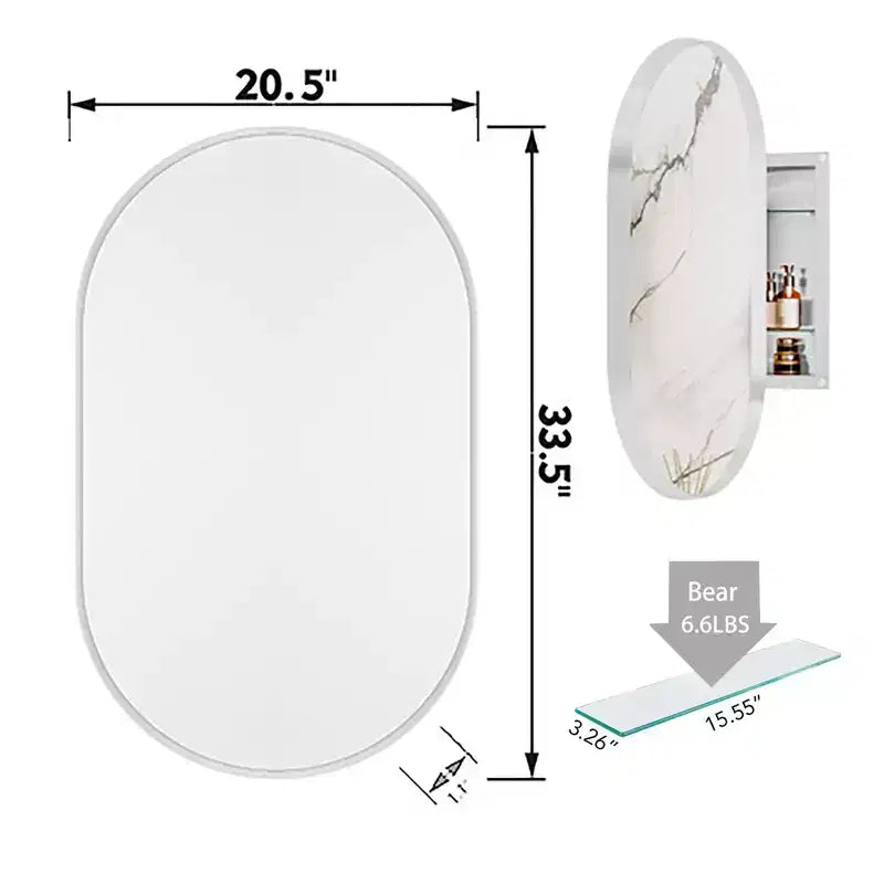 Armoire encastrée ovale 20x34 pouces, armoire murale de salle de bain à cadre métallique avec miroir et étagères réglables, miroir mural avec rangement pour salle de bain