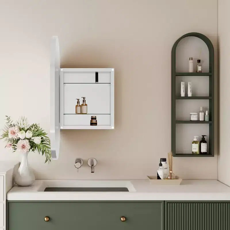Armoire encastrée ovale 20x34 pouces, armoire murale de salle de bain à cadre métallique avec miroir et étagères réglables, miroir mural avec rangement pour salle de bain