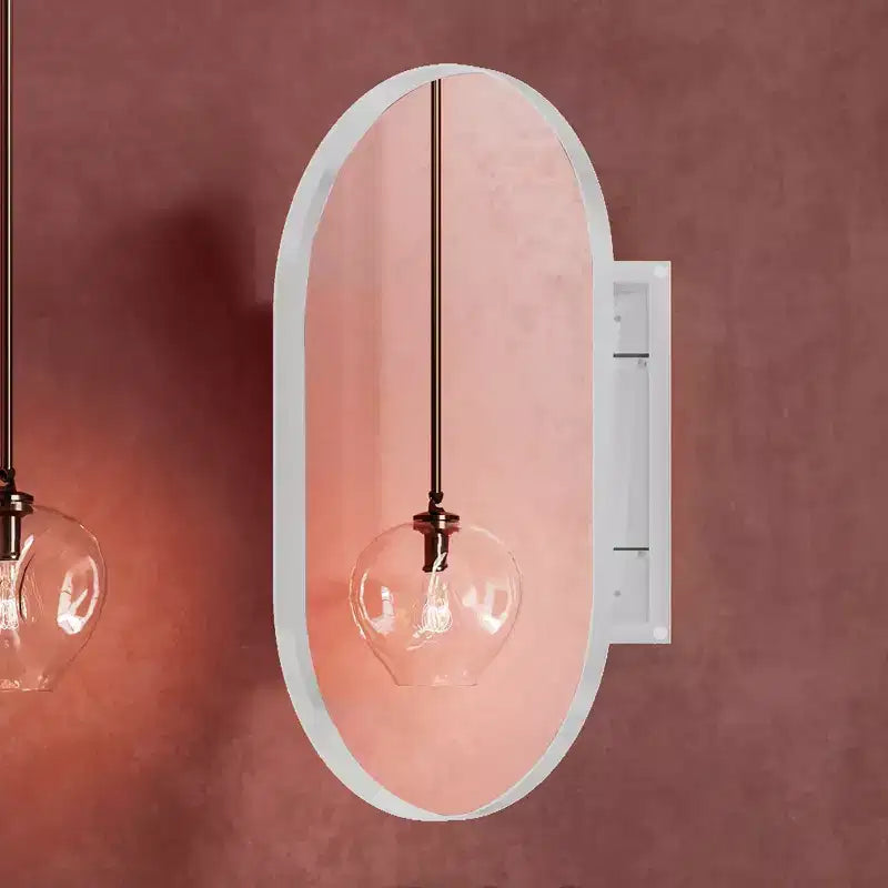 Armoire encastrée ovale 20x34 pouces, armoire murale de salle de bain à cadre métallique avec miroir et étagères réglables, miroir mural avec rangement pour salle de bain