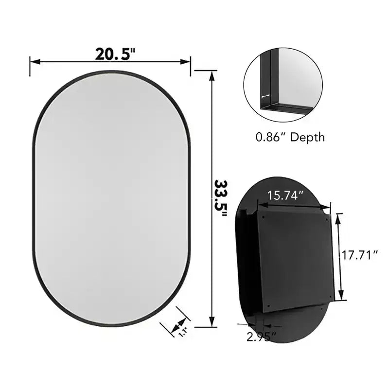 Armoire encastrée ovale 20x34 pouces, armoire murale de salle de bain à cadre métallique avec miroir et étagères réglables, miroir mural avec rangement pour salle de bain