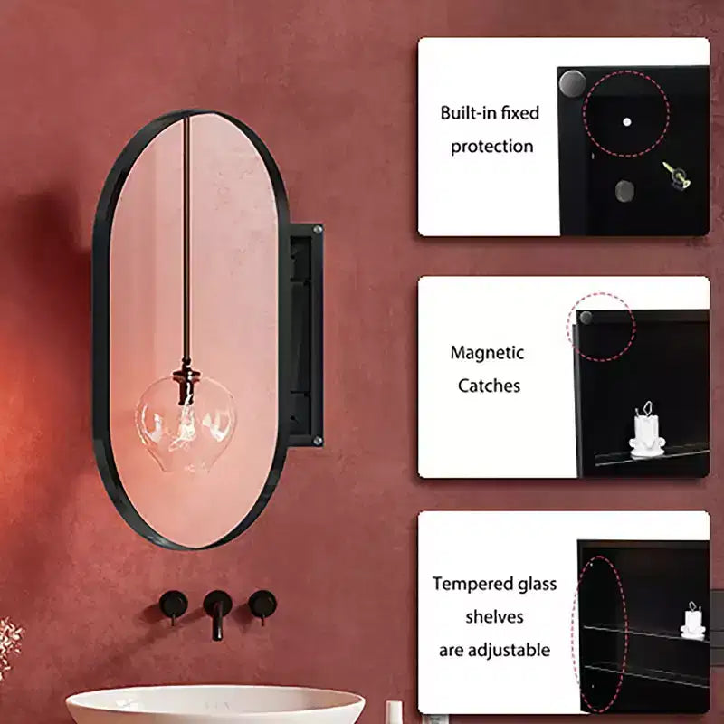 Armoire encastrée ovale 20x34 pouces, armoire murale de salle de bain à cadre métallique avec miroir et étagères réglables, miroir mural avec rangement pour salle de bain