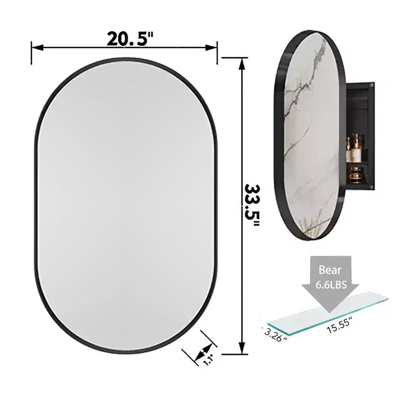 Armoire encastrée ovale 20x34 pouces, armoire murale de salle de bain à cadre métallique avec miroir et étagères réglables, miroir mural avec rangement pour salle de bain