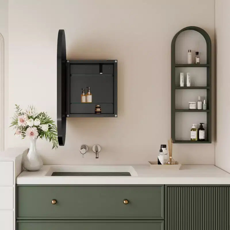 Armoire encastrée ovale 20x34 pouces, armoire murale de salle de bain à cadre métallique avec miroir et étagères réglables, miroir mural avec rangement pour salle de bain