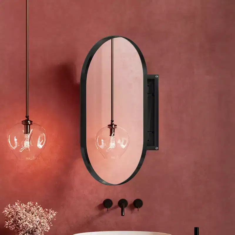 Armoire encastrée ovale 20x34 pouces, armoire murale de salle de bain à cadre métallique avec miroir et étagères réglables, miroir mural avec rangement pour salle de bain