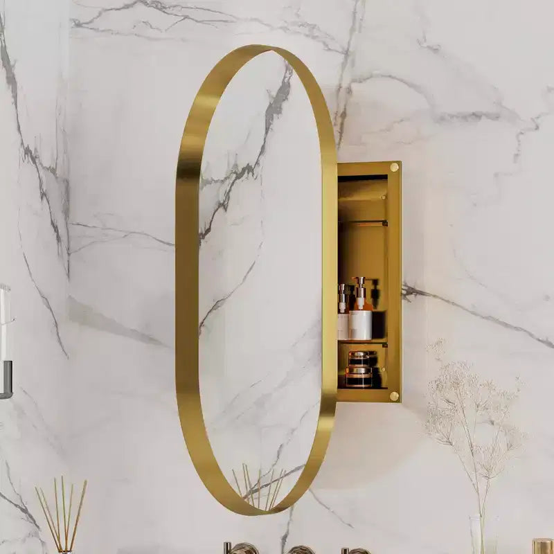 Armoire encastrée ovale 20x34 pouces, armoire murale de salle de bain à cadre métallique avec miroir et étagères réglables, miroir mural avec rangement pour salle de bain