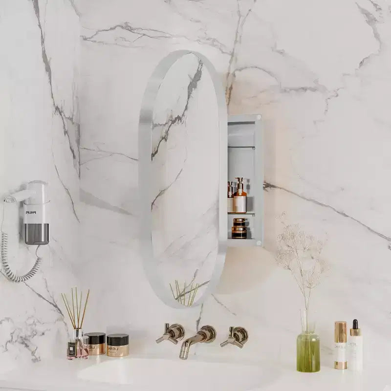 Armoire encastrée ovale 20x34 pouces, armoire murale de salle de bain à cadre métallique avec miroir et étagères réglables, miroir mural avec rangement pour salle de bain