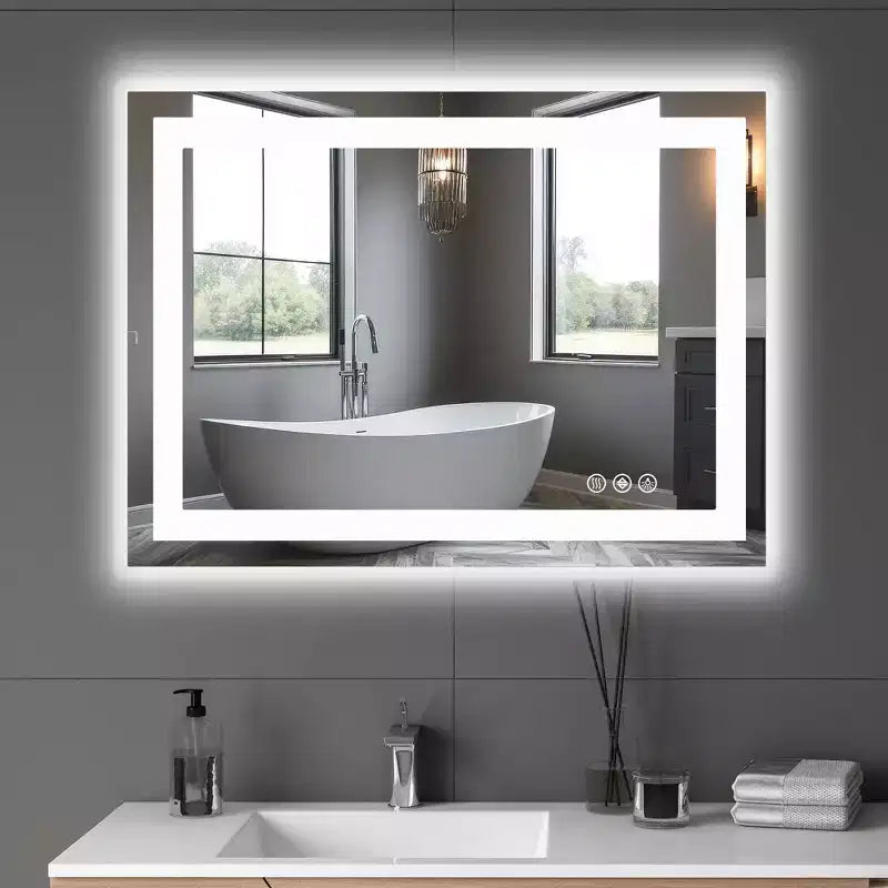 Miroir de salle de bain LED anti-buée Okak avec 2 sources de lumière et 3 modes d'éclairage, miroir mural antirouille pour salle de bain, salon, chambre à coucher, argent