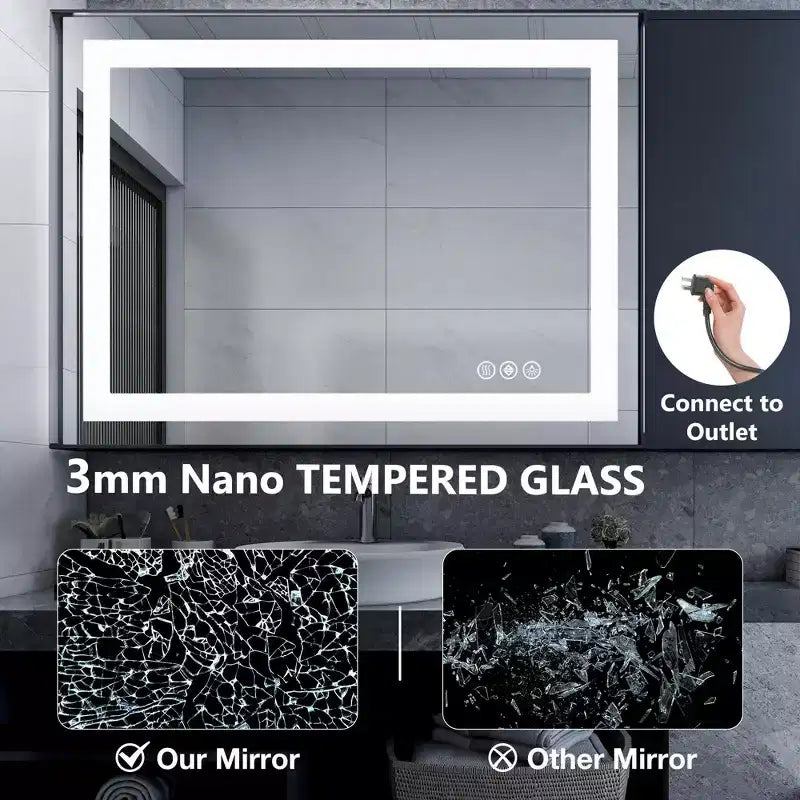 Miroir de salle de bain LED anti-buée Okak avec 2 sources de lumière et 3 modes d'éclairage, miroir mural antirouille pour salle de bain, salon, chambre à coucher, argent