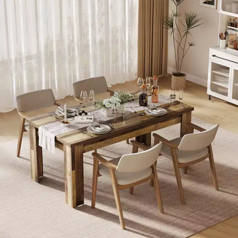Dining table, farmhouse style, seats 4-6 people, 63 inches, rectangular, wooden, suitable for dining room and kitchen.