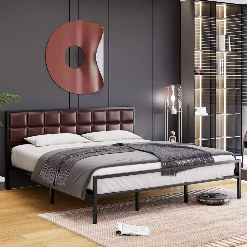 Metal Bed Frame with Faux Leather Headboard, Metal Bed Platform, 10 in Under Bed Storage, Easy Assembly, No Box Spring Needed, for Bedroom