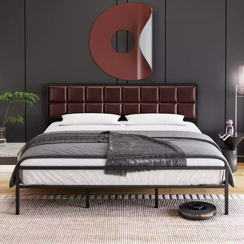 Cadre de lit en métal avec tête de lit en similicuir, plateforme de lit en métal, 25,4 cm de rangement sous le lit, montage facile, aucun sommier tapissier requis, pour chambre à coucher