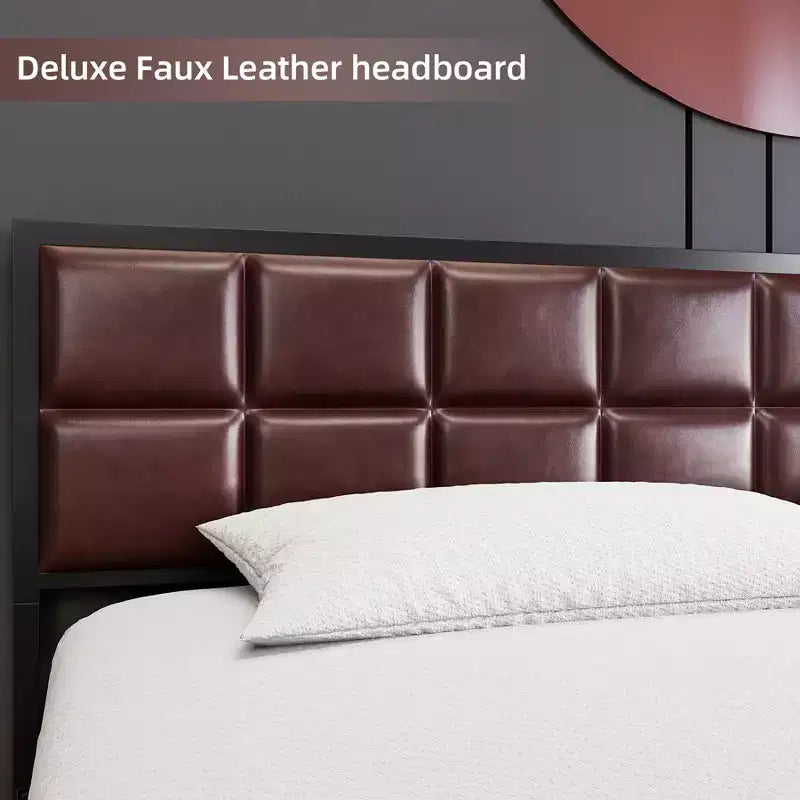 Cadre de lit en métal avec tête de lit en similicuir, plateforme de lit en métal, 25,4 cm de rangement sous le lit, montage facile, aucun sommier tapissier requis, pour chambre à coucher
