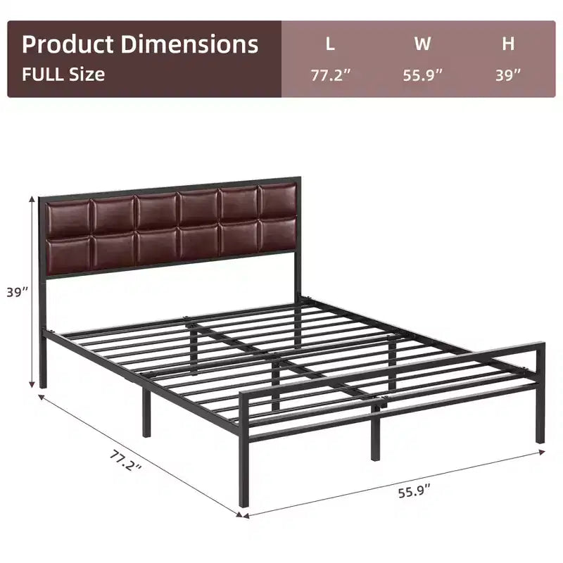 Cadre de lit en métal avec tête de lit en similicuir, plateforme de lit en métal, 25,4 cm de rangement sous le lit, montage facile, aucun sommier tapissier requis, pour chambre à coucher