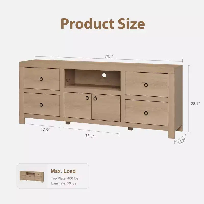 Meuble TV style ferme pour téléviseurs de 80 pouces, avec 6 tiroirs de rangement et une étagère pour haut-parleur, adapté aux salons et aux chambres.