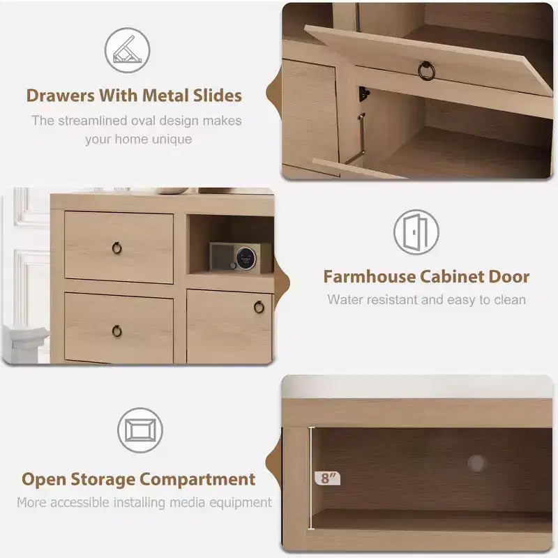 Meuble TV style ferme pour téléviseurs de 80 pouces, avec 6 tiroirs de rangement et une étagère pour haut-parleur, adapté aux salons et aux chambres.