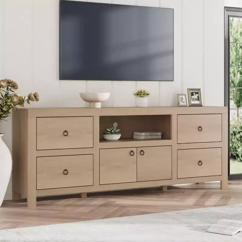 Meuble TV style ferme pour téléviseurs de 80 pouces, avec 6 tiroirs de rangement et une étagère pour haut-parleur, adapté aux salons et aux chambres.