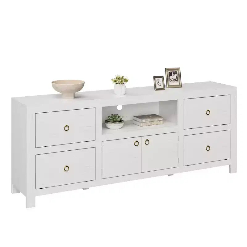 Farmhouse-style TV stand for 80-inch TVs, with 6 storage drawers and a speaker rack, suitable for living rooms and bedrooms.