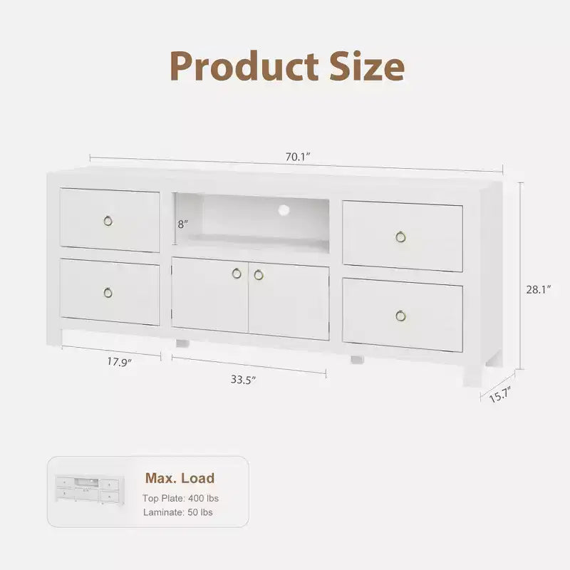 Meuble TV style ferme pour téléviseurs de 80 pouces, avec 6 tiroirs de rangement et une étagère pour haut-parleur, adapté aux salons et aux chambres.