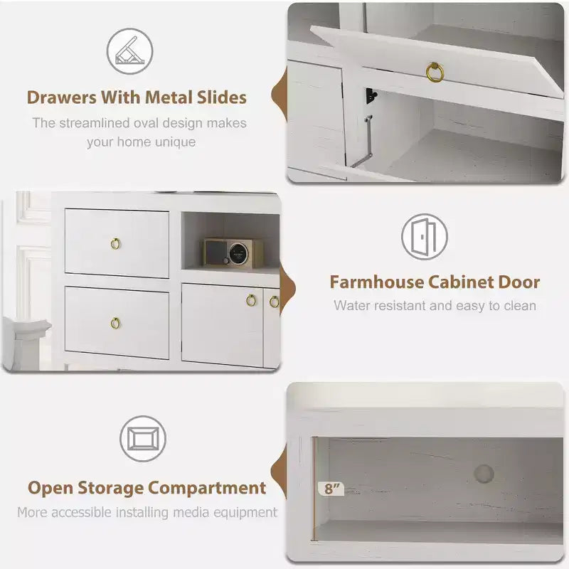 Meuble TV style ferme pour téléviseurs de 80 pouces, avec 6 tiroirs de rangement et une étagère pour haut-parleur, adapté aux salons et aux chambres.