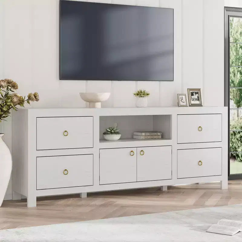 Meuble TV style ferme pour téléviseurs de 80 pouces, avec 6 tiroirs de rangement et une étagère pour haut-parleur, adapté aux salons et aux chambres.